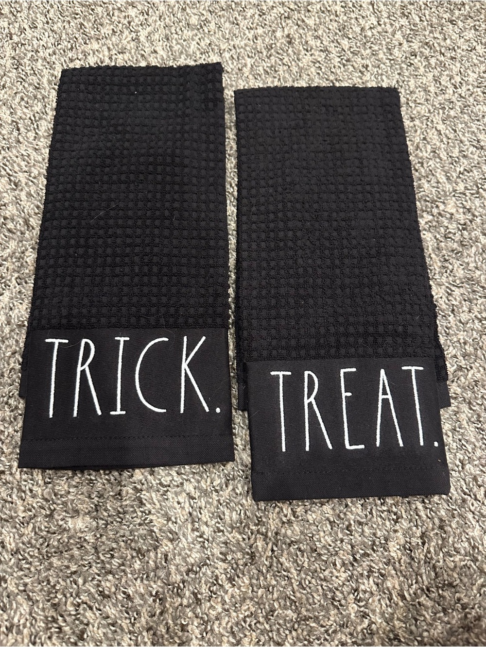 Rae Dunn Black "TRICK." and "TREAT." Kitchen Towels NWOT
